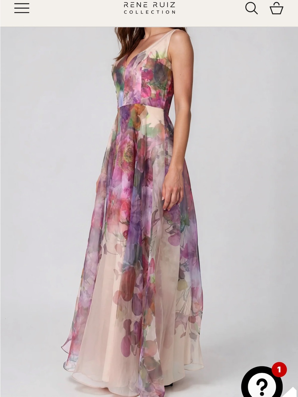 Rene Ruiz Sheer Floral Organza Gown in Pink, Purple & Cream